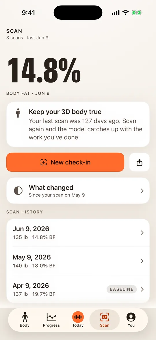 The MARMO scan screen with a body-fat estimate and scan history