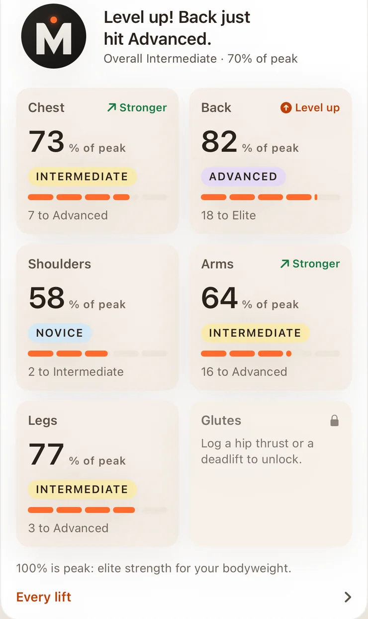 MARMO strength levels: chest Intermediate, back Advanced, legs Intermediate