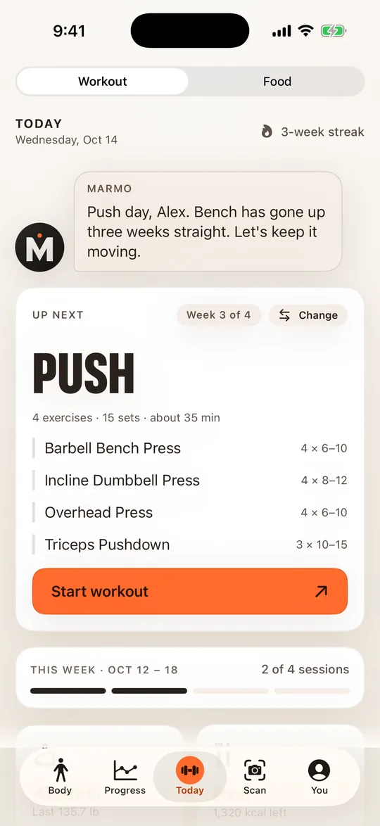 Today in MARMO: the coach’s note and the day’s workout